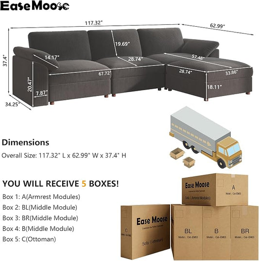 EASE MOOSE Large L Shape Sectional Modular Couch,Comfty Oversized Sectional Cloud Sofa,Wide Deep Seat Dark Gray Couch for Living Room,Removable Cover