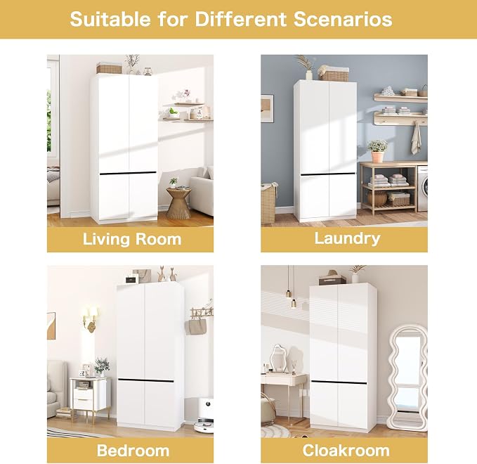 White Armoire Wardrobe Closet: 74" Wooden Wardrobe Closet with 2 Doors, Bedroom Armoires with Hanging Rod, Tall Closets Cabinet for Hanging Clothes (31.5")