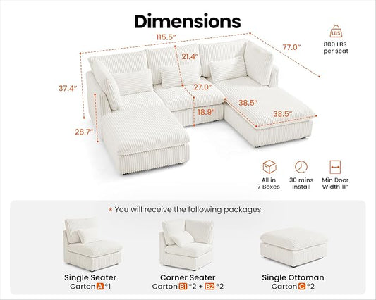 115" Oversized Corduroy Couch Modular Sectional Sofa, Washable Cloud Couch Sectional with 2 Ottoman, 5 Seater Sectional Couches for Living Room, Fully Cover Removable, U Shaped, Corduroy, White