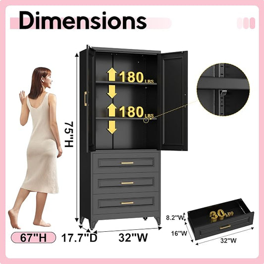 UNICOLY Pantry Kitchen Cabinet with Drawer, 75" Tall Pantry Storage Cabinet, Metal Storage Cabinets with Doors and Shelves, Large Freestanding Cupboard for Dining Room, Assembly Required, Black