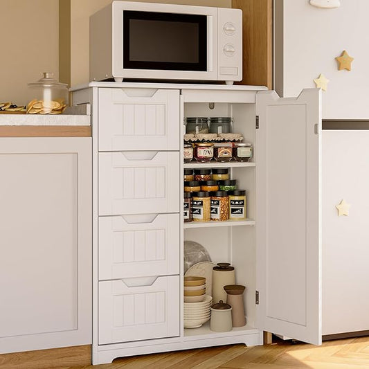 Gizoon Small Pantry Storage Cabinet with Door and Shelves, 33'' Kitchen Pantry Freestanding Wooden Bathroom Storage Cabinet with 4 Drawers for Kitchen and Dining Room, White, Painted
