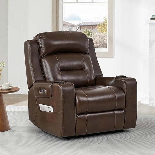 Watson & Whitely Oversized Genuine Leather Power Recliner Chairs for Big and Tall, Extra Wide Lay Flat Recliner with Power Headrest & Cup Holders, Electric Reclining Sofa for Living Room, Dark Brown