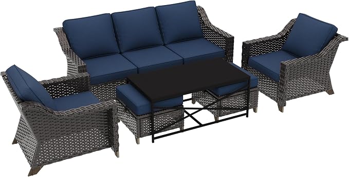 6 Pieces Outdoor Conversation Furniture Set - 77" Patio Sofa, 2 Armchairs, 2 Ottomans, 1 Metal Table, Patio Wicker Couch Set with Washable Cushions for Swimming Pool (Navy Blue)