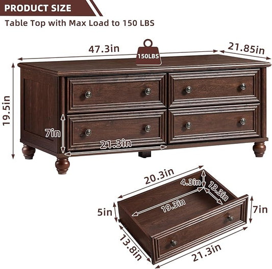 RWYHG 48" Farmhouse Coffee Table with Hidden Storage,Wooden Coffee Tables with 4 Drawers & Roman Column Handle,Rectangular Rustic Center Table with Solid Wood Curved Base for Living Room,Office,Walnut