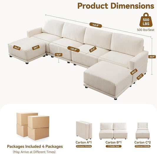 143.8" Modular Sectional Sofa Modern Chenille U Shaped Couch with Thickened Seat Cushions, Easy Assembly, Upholstered 6 Seater Couch with 2 Movable Ottomans for Living Room, White