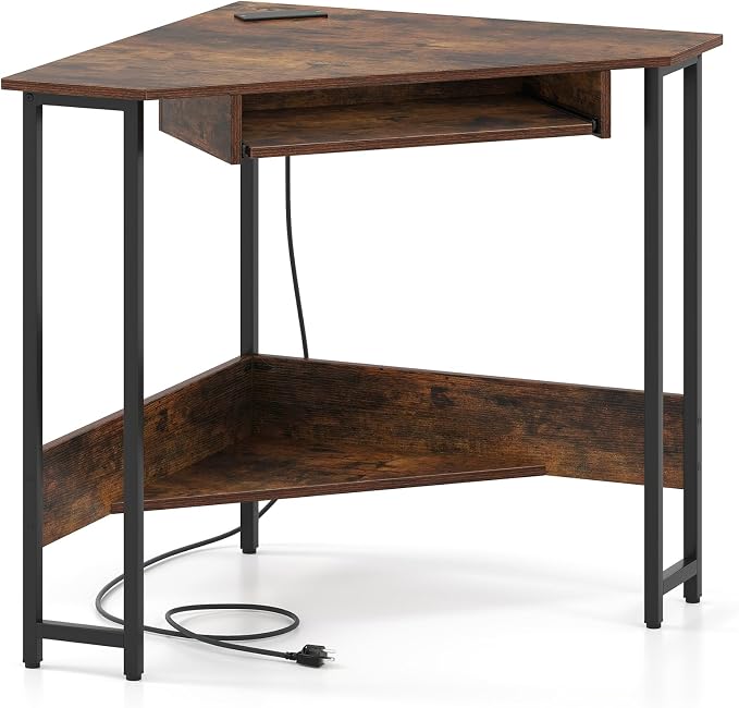 Tangkula Corner Desk with Keyboard Tray, 90-Degree Triangle Corner Computer Desk for Small Space, Industrial Writing Desk with Storage Shelf, Space-Saving Laptop PC Desk (Rustic Brown)