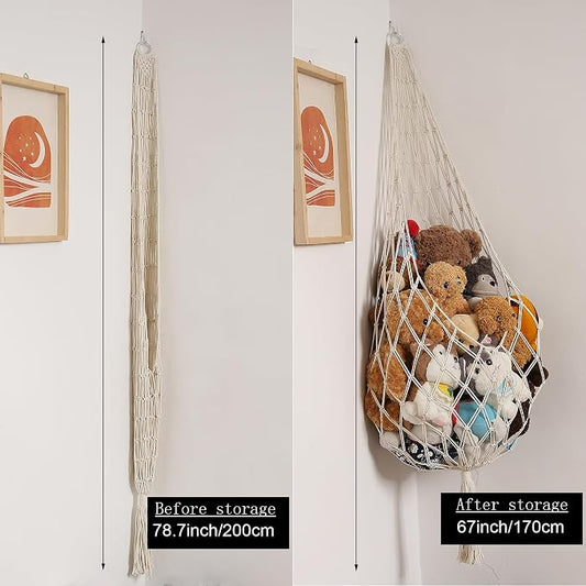 Amdermi Novel Stuffed Animal Hammock Corner Hanging Net for Stuff Aniaml Storage Macrame Toy Display Plush Toy Holder-Perfect for The Tiny Space Walls (cream, XXL)