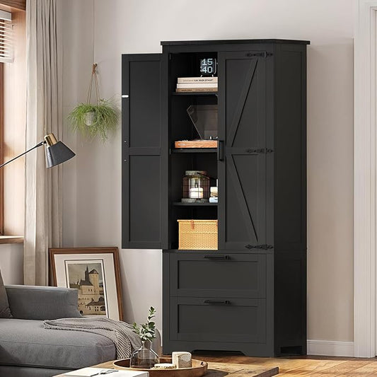 TEENFON 66.1" H Storage Cabinet, Farmhouse Kitchen Pantry Cabinet with 2 Drawers & Adjustable Shelf, Bathroom Cabinet, for Living Room, Kitchen, Bathroom, Black