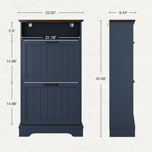 Shoe Storage Cabinet with 2 Flip Drawers, 24" W Farmhouse Modern Hidden Shoes Rack with Adjustable Shelves & Open Storage, Narrow Slim Shoe Organizer for Front Door Entrance, Entryway, Navy Blue