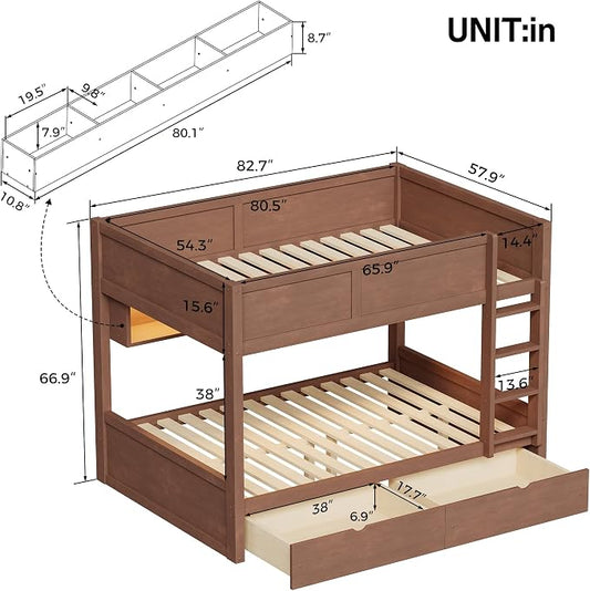 Merax Full XL Over Full XL Wood Bunk Bed Frame with Ladder,Storage Shelves & Drawers for Teens, Modern Low Bunk Bed with Solid Slats, Guardrail, No Box Spring Required, Easy Assembly, Brown