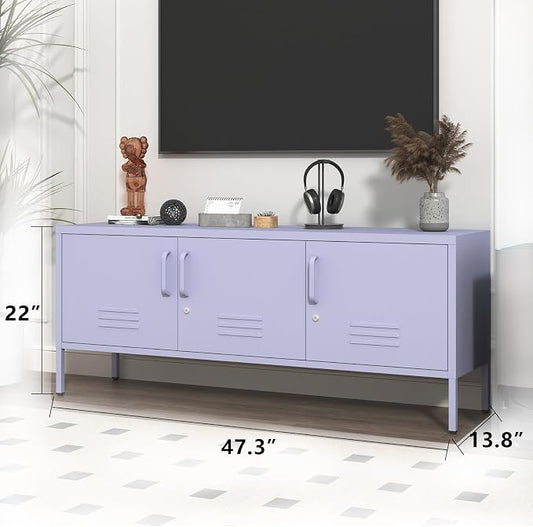 Metal Storage Cabinet with Adjustable Shelves, Wide Lockable TV Stand, Multipurpose Accent Cabinet, Purple Colorful Locker for Home Office Living Room, 22" H x 47.3" x 13.8" D