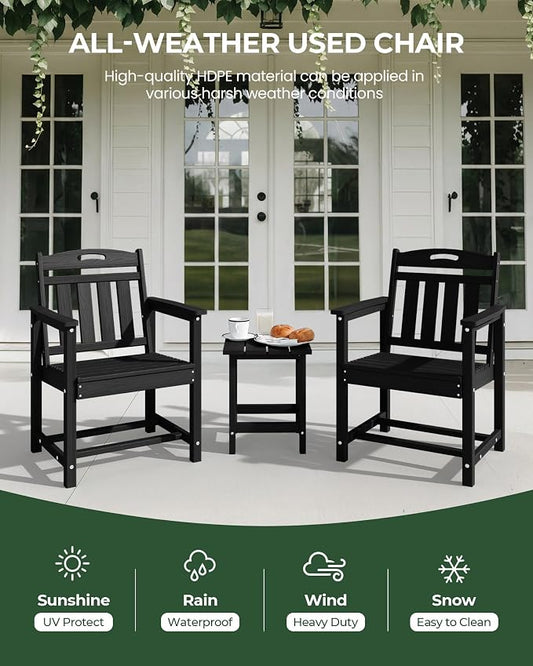 Set of 2 Weatherproof Patio Chairs - HDPE Outdoor Dining Chairs with Wide Seat, Ergonomic Design - for Garden, Backyard, Deck - Black