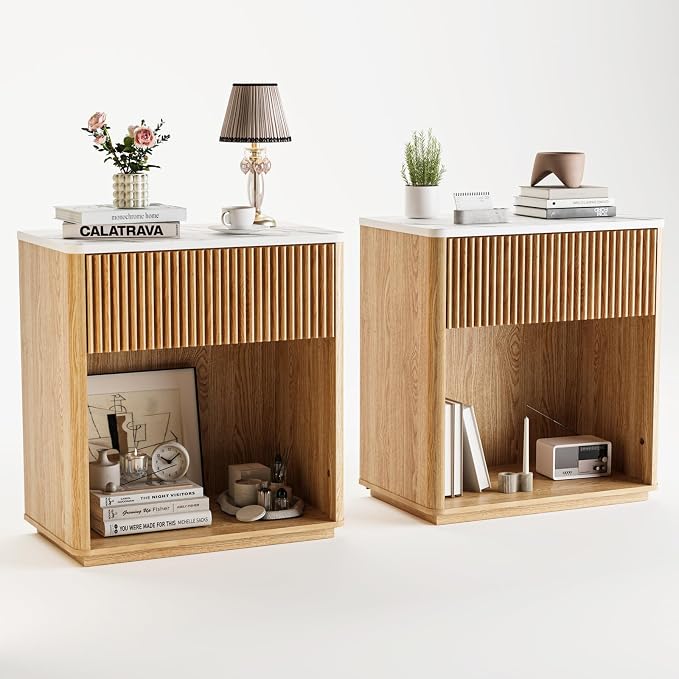 Modern Fluted Nightstand Set of 2 for Bedroom, Mid Century Bedside Table Set with Marble Top & Drawer, Wood End Table, 2 Farmhouse Night Stands for Guest Room, Hallway, Oak