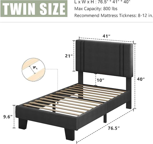 Feonase Twin Platform Bed Frame, Fabric Upholstered Twin Bed Frame, Solid Wood Slats & Heavy Duty Feet Support, No Box Spring Needed, Noise-Free, Easy Assembly, Dark Grey