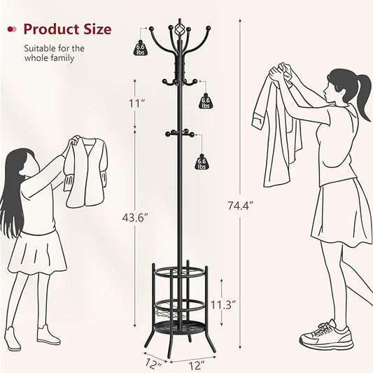 Tajsoon Coat Rack Stand with Umbrella Holder, Coat Tree Freestanding with 16 Hooks, Coat Hangers Stand for Living Room, Bedroom, Office, Black
