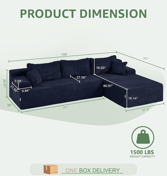 Hobestluk Modular Sectional Sofa Couches L-Shape Couch 3 Seat Modular Sofa Memory Foam Sectional Couches for Living Room, Cloud Couch with Oversized Chaise (Blue Corduroy, 108", Right Hand Facing)
