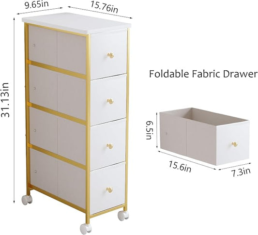Narrow Storage Cabinet, Narrow Nightstand Dresser with 4 Drawers, Slim Fabric Dresser Storage Tower for Small Spaces, Gold Dresser for Bedroom, Bathroom, Laundry, Closet