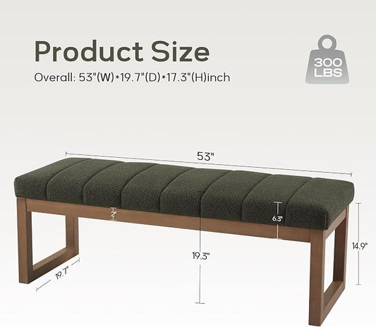 Zihanhome 52.7" Bedroom Bench for End of Bed, Modern Upholstered Teddy Fabric Entryway Bench & Dining Bench, Footrest Stool Bench with Solid Wood Frame for Bedroom, Living Room (Green)