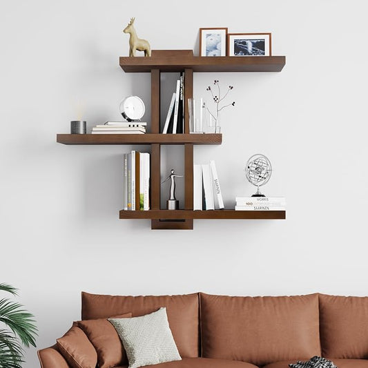 yaqew Variable Wood Floating Shelves Set of 3, Wall Cube Shelves 28.35" Max, Wall Shelves for Living Room Bathroom Bedroom - Light Walnut Color - 28.35" x 23" x 5.9" Max