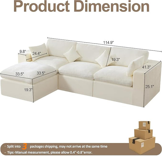 115''Cloud Boneless Sectional Couch, Modular Sectional Sofa Deep Seat with Ottoman, Oversized Upholstered Convertible Comfy 4 Seater Chenille Sofa L Shape Couches for Living Room, Beige