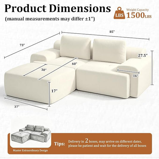 85" L Shaped Oversized Boneless Couch, Comfort Cloud Sectional Couches for Living Room, Modular Sofa High Back & Extra Deep Seat, No Assembly, Chenille(Warm White, 85 inch- L Shaped(2+1))