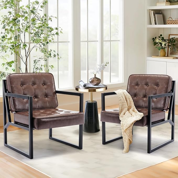 COLAMY Mid Century Modern Accent Chair, Comfy Living Room Chairs, Brown Leather Accent Chair, Faux Leather Reception Armchair with Metal Legs for Living Room Bedroom Reception Waiting Room, Brown