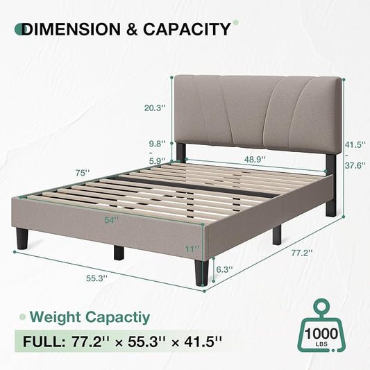 Novilla Full Size Bed Frame with Adjustable Headboard Platform Full Bed Frame with Linen Fabric Upholstered Headboard, No Box Spring Needed, Noise-Free, Wooden Slats Support, Easy Assembly, Beige