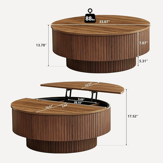 33" Round Coffee Table with Lift-Top & Flip-Top Storage, Modern Accent Fluted Coffee Tables with Metal Frame, Wooden Circle Center Table for Living Room Small Space Apartment Office (Walnut)