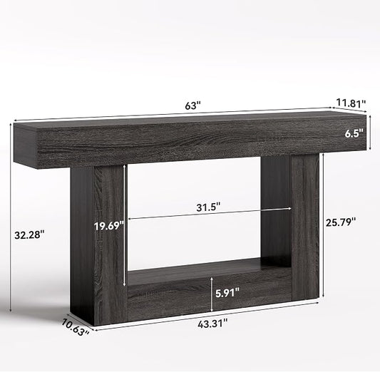 LITTLE TREE 63 Inches Long Console Table, 2-Tier Farmhouse Sofa Table Behind Couch, Large Narrow Entryway Table for Living Room, Wooden Hallway Foyer Table with Heavy Duty Base, Grey