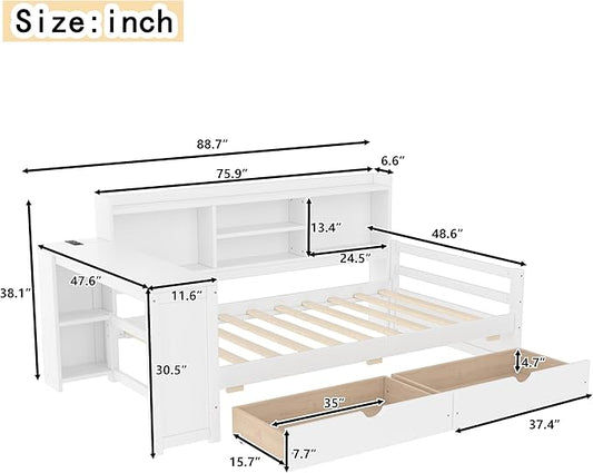 Bellemave Twin Size Corner Bed Frame with Storage Drawers and Desk,Captain L-Shaped Daybed with Bookcase,Corner Bed Frame Twin Size with Charging Station for Kids,Teens,Guests,White