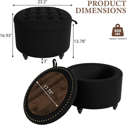 24 Inch Round Storage Ottoman,Modern Tufted Ottomans,Circular Coffee Table with Removable Top,Upholstered Large Ottoman with Storage Footrest Stool for Bedroom Living Room (Black)