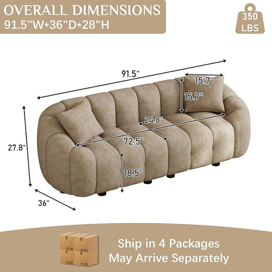 92" Oversized Minimalistic Boucle Sofa for Living Room, Luxury Plush Extra Deep Seat Tufted Sofa, Modern Comfy Curved Cloud Couch, Upholstered 3-Seater Chenille Couches, Light Brown
