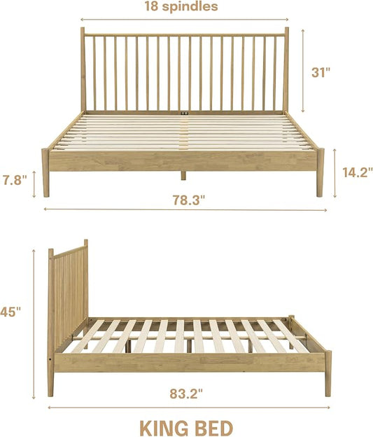 NTC Inno Wooden Bed Frame with Headboard, Solid Oak and Rubber Wood Foundation with Silent Slats and Wood Central Supports, 1000 Lb Capacity, Effortless Assembly, King - Sand