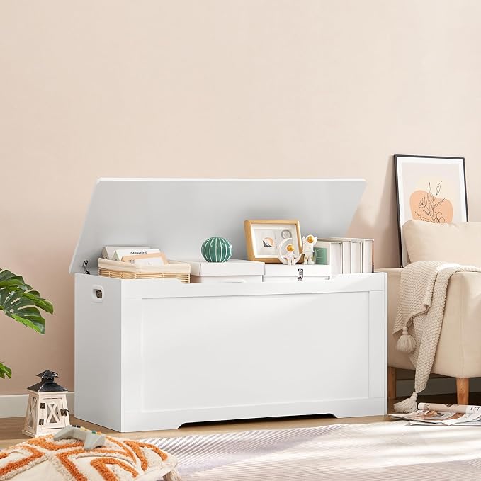 usikey 39.4” Toy Chest, Toy Box for Living Room, Storage Chest with 2 Safety Hinges, Lift Top Storage Bench, Storage Trunk, for Bedroom, Entryway, White