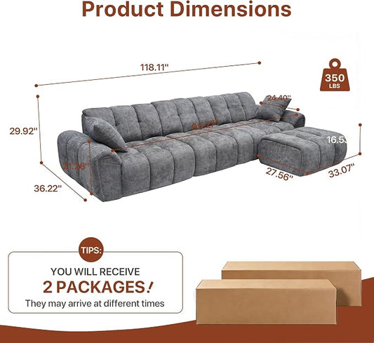 Claiks 118" Modern Boneless Couch, Corduroy Modular Cloud Sofa for Living Room, Deep Seat Sectional with Movable Ottoman, No Assembly Required, Dark Grey