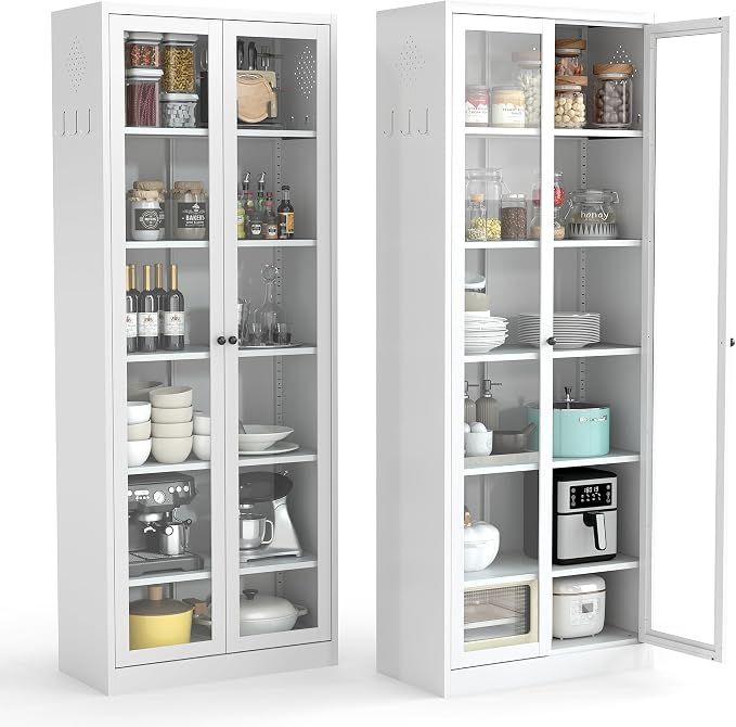 72"H Full Glass Door Steel Kitchen Pantry Cabinets Display Cabinet | Storage Organizer with Adjustable Shelves, Glass Doors Storage Cabinet for Kitchen, Dining Room,Assembly Required