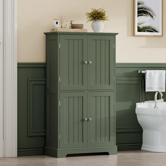 ChooChoo Bathroom Floor Cabinet, Modern Bathroom Storage Cabinet with 4 Doors and Adjustable Shelves, Freestanding Cupboard for Living Room, Green