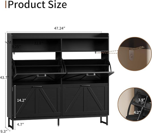 Shoe Cabinet with 4 Flip Drawers, Freestanding Hidden Shoe Storage Organizer for Entryway, Narrow Slim Shoe Rack Cabinet with Open Storage & Hooks for Front Door Entrance, Living Room, Hallway, Black