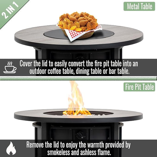 30" Propane Gas Fire Pit Table, 50000 BTU Round Outdoor Fire Pit with Wood Grain Ceramic Tabletop, Steel Patio Fire Table with Lid & Rain Cover for Backyard Deck Garden, Black