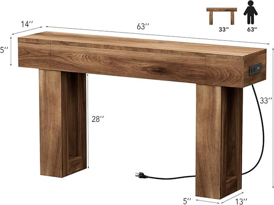 63 Inch Long Console Table w/Outlets & USB Ports, Narrow Rectangular Sofa Table Behind The Couch, Farmhouse Entryway Table for Entrance, Hallway, Living Room(Brown with Outlet)
