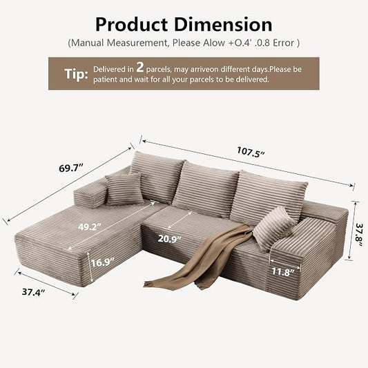 107.5" Cloud Sectional Couch with L-Shape Chaise, Modern Cloud Couch with Deep Seat, Modular Sectional Couches for Living Room, Apartment, Office, No Assembly Required