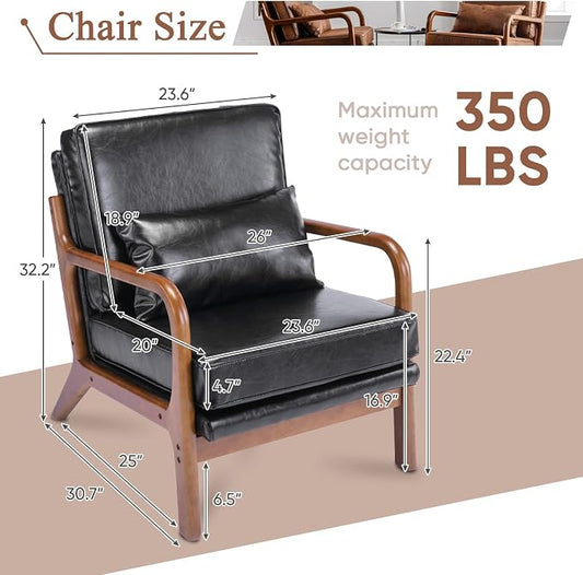Mid Century Modern Accent Chairs Set of 2 Living Room- Comfy Wood Arm Chair with Lumber Pillow Lounge Decorative Black Faux Leather Office Side Chair for Bedroom Reading Waiting Room Easy Assembly
