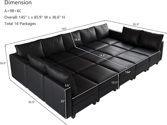 EASE MOOSE Faux Leather Modualr Sectional Couch with Storage,Black Faux Leather Modualr Sofa Couch