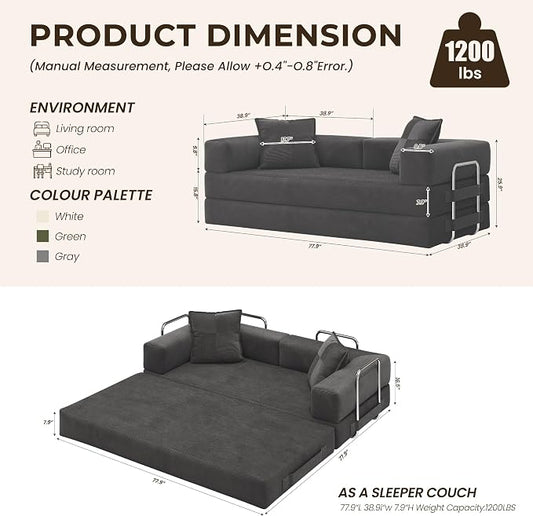 GRUSIGN 78 Inch Convertible Sofa Bed, 5-in-1 Futon Sofa Bed Pull Out Couch, Boneless Couch Bed for Living Room, Corduroy Boneless Couches for Bedroom, Apartment, No Assembly Sleeper Sofa Bed, Gray