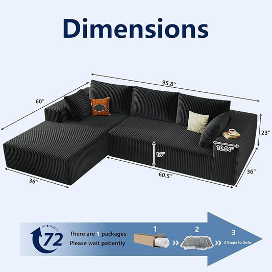 96" Modular Sectional Sofa, Modern Corduroy Cloud Couch with Deep Seat, Boneless Couch Upholstered 3-Seater L-Shaped Sofa for Living Room, No Assembly Required (Black, Left-Facing Chaise)