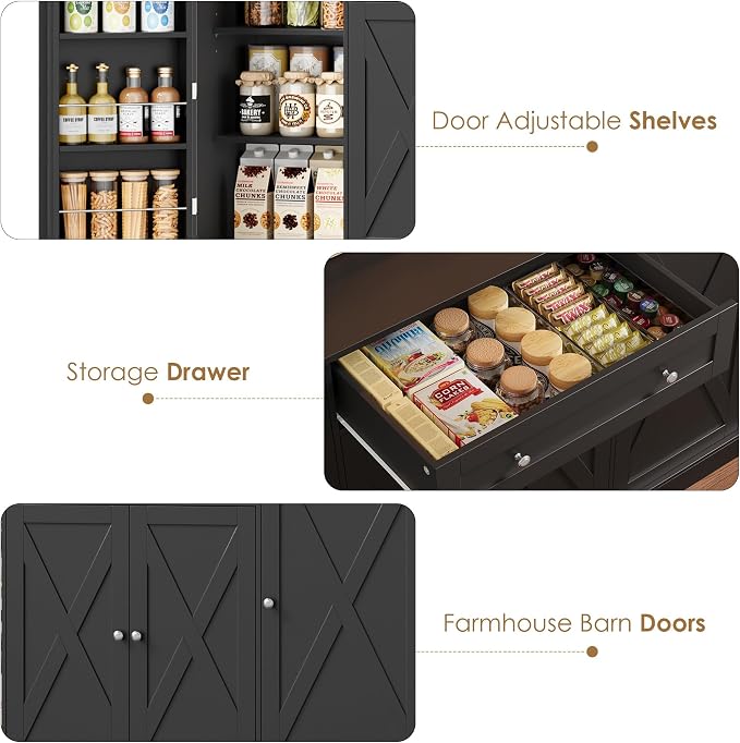 HIFIT 72.8” LED Kitchen Pantry Cabinet with Charging Station, 55” Wide Farmhouse Pantry Cabinet with Microwave Stand&Shelves&Swing-Out Door, Kitchen Hutch Coffee Bar for Living Room, Black