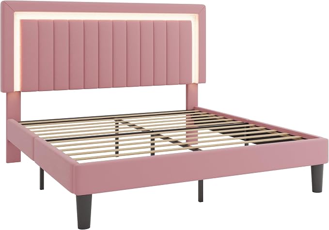 SHA CERLIN King Size Velvet Bed Frame with LED Light, Adjustable Vertical Channel Tufted Headboard, Strong Wooden Slats Support, Noise-Free, No Box Spring Needed, Pink