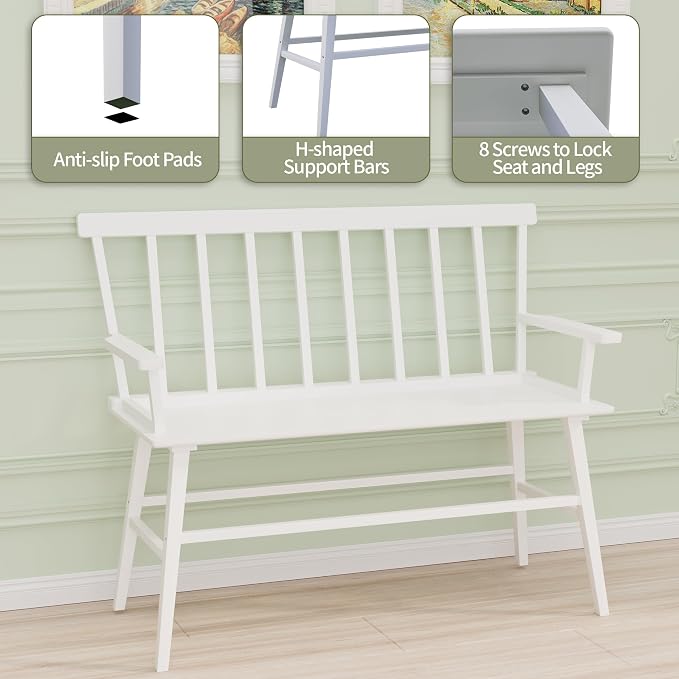 APRTAT Bamboo Entryway Bench, Dining Bench with Spindle Back (White) | Natural Bamboo & H-Shaped Support, Spindle Back, Ideal for entryways, bedrooms, outdoor settings, Easy Assembly & Clean