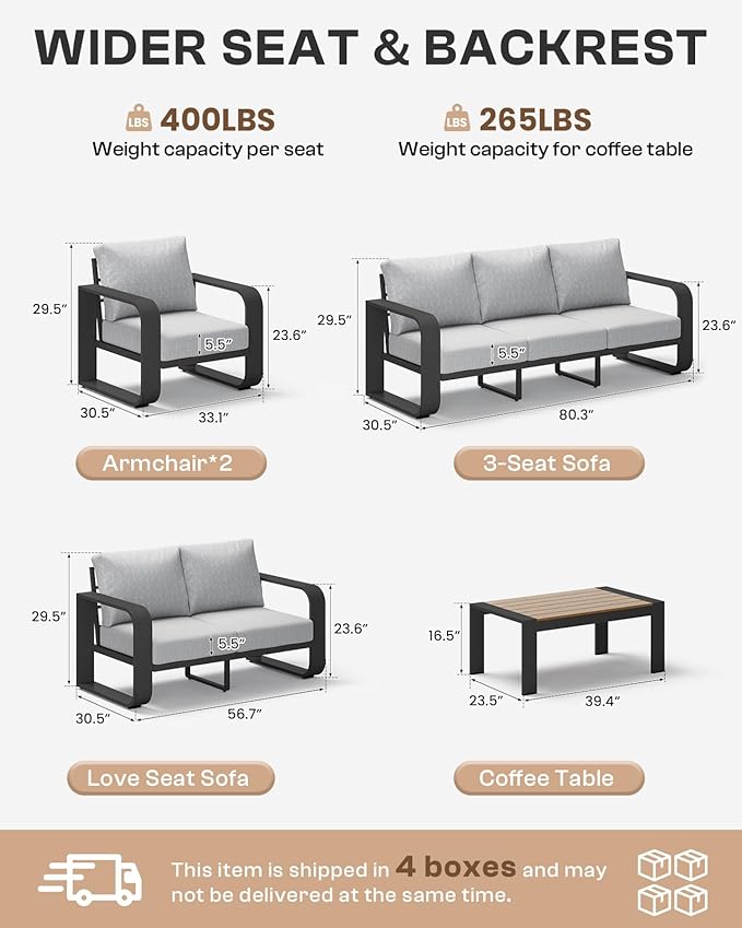 Aluminum Outdoor Sofa Bistro Set, Oversized Patio Conversation Sets Widened Armrest & Ultra-Thick Cushions, Deep Seating Patio Furniture Set for Backyard, Porch, Gray