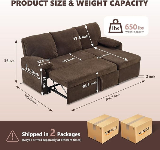 VINGLI Sectional Sleeper Sofa with Pull Out Couch Bed, 85 Inch L-Shaped Convertible Sofa Bed, 5 Seat Modular Sectional Couches for Living Room with Storage Chaise, USB Charging, Side Pockets